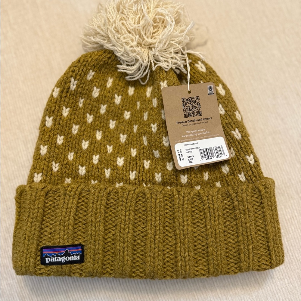 Patagonia Olive Knit Beanie with Cream Pom